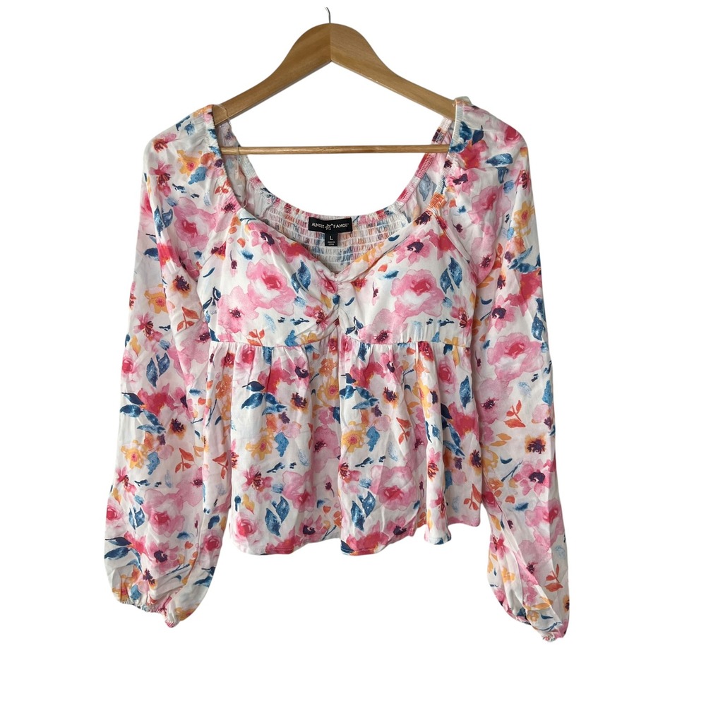 Almost Famous Floral Peplum Top Pink Orange Sweetheart Smocked Boho JH385A518 L